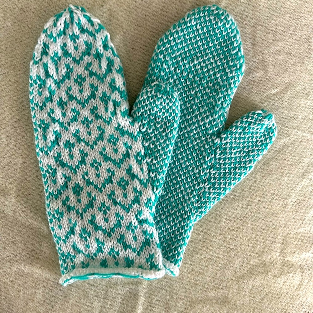 Hand-knit mittens in turquoise and white